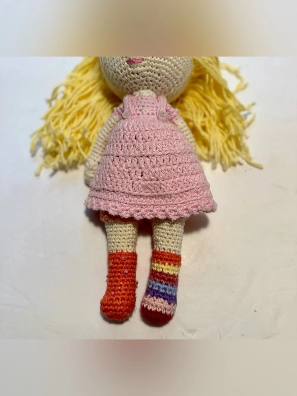 Handmade Crochet Amigurumi Doll Blonde Hair‎ Pink Dress Plush Stuffed Toy.